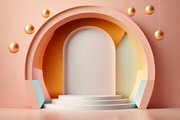 Abstract Pastel Color Background a Beautiful Vintage White Arch with a Podium and a Round Plate in the Background for Product Advertising or Text with Small White Flying Spheres in Front Illustration