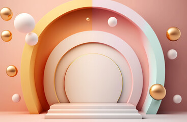 Obraz premium Abstract Pastel Color Background a Beautiful Vintage White Arch with a Podium and a Round Plate in the Background for Product Advertising or Text with Small White Flying Spheres in Front Illustration