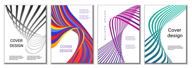 A set of 4 abstract covers. Wavy parallel gradient lines, ribbons evolve. Cover design, background. Trendy banner, poster.