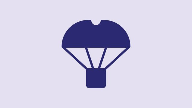 Blue Box flying on parachute icon isolated on purple background. Parcel with parachute for shipping. Delivery service, air shipping. 4K Video motion graphic animation