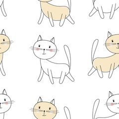White cat in doodle style seamless pattern. Hand drawn pet vector print. Animal linear illustration.