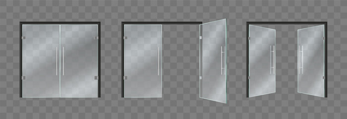 Glass store double doors. Open and closed. Entrance of shop or storefront. Supermarket interior. Isolated 3D office or boutique doorways set. Vector realistic neoteric illustration