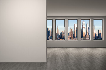 Obraz na płótnie Canvas Midtown New York City Manhattan Skyline Buildings from High Rise Window. Mockup white wall. Real Estate. Empty room Interior Skyscrapers View Cityscape. Day time. Hudson Yards West Side. 3d rendering