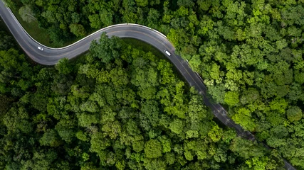 Keuken foto achterwand Bosweg Aerial view green forest with car on the asphalt road, Car drive on the road in the middle of forest trees, Forest road going through forest with car.