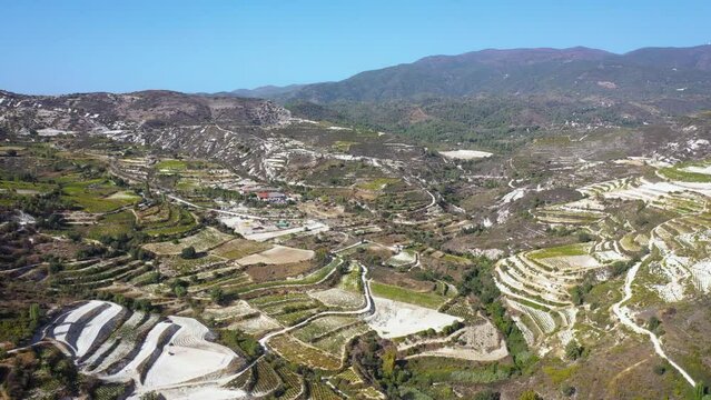 Drone 4k video of terrace fields around Omodos in Troodos Mountains in Cyprus