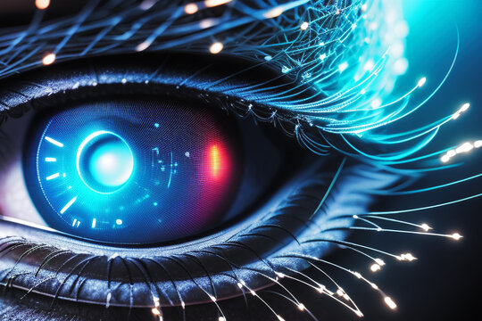 Artificial intelligence is watching you! Closeup macro shot of AI creature eye. Unhuman beauty. LED lights on the ends of the lashes. Generative AI