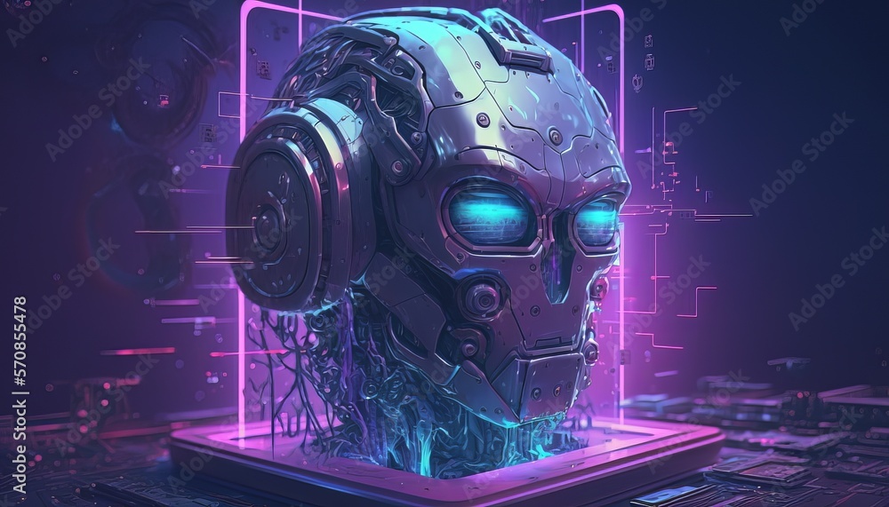 Poster Artificial intelligence robot design background. Futuristic robotic machine smart mind. Generative AI technology.