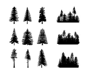 Pine tree silhouette, fir forest. Black and white spruce or cedar logo, vintage coniferous patch. horizontal background taiga pattern and single trees. Monochrome vector icon garish set