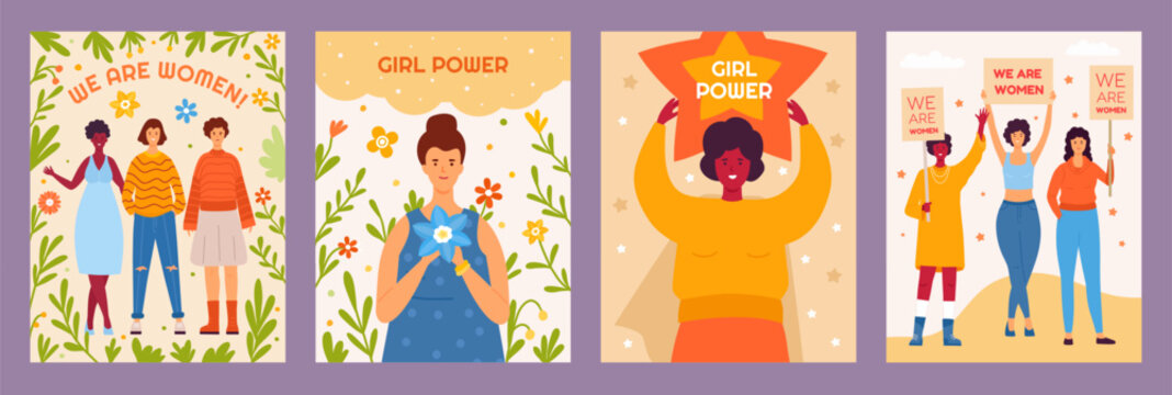 Strong superhero women. People diverce posters. Girls power. Portrait of future feminists. Happy crowd smile. Female activists protest. Person with flowers. Vector flat nowaday banners set
