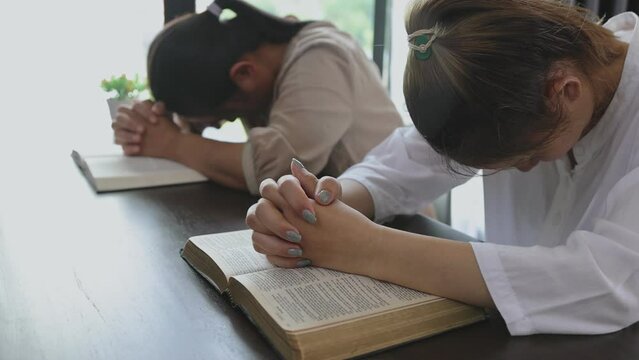 Christian Bible Study Group. Worship God, christianity concept Success. Highest faith. Praise God spiritually and religiously. Studying the Word of God in the church.4K slow motion.