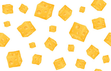 Mozzarella cheese pattern, yellow gouda cubes in motion. Pieces of parmesan or cheddar flying, restaurant food menu backdrop. Realistic 3d elements. Vector seamless neoteric background
