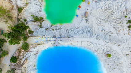 Beautiful kaolin lake in Bangka Indonesia, Blue lake kaolin quarry with turquoise water
