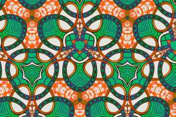 Multicolored African pattern – Seamless and textured design, geometric shapes and curved lines (interlacing)
