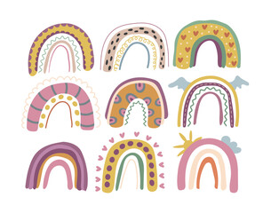Bright cute rainbows on a white background. Magic rainbow. Vector illustration.
