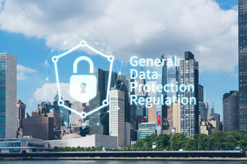 New York City skyline, United Nation headquarters over the East River, Manhattan, Midtown at day time, NYC, USA. GDPR hologram, concept of data protection, regulation and privacy for all individuals