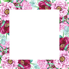 Watercolor illustration frame of magenta peonies and eucalyptus