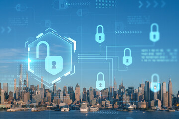 New York City skyline from New Jersey over Hudson River, Midtown Manhattan skyscrapers at sunset, USA. The concept of cyber security to protect confidential information, padlock hologram