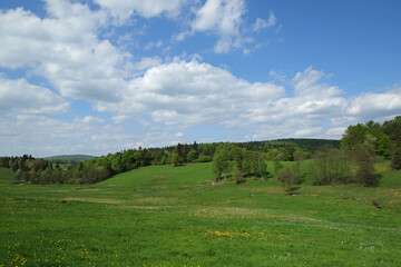 Fototapeta na wymiar Spring landscape of Krzywa village in Low Beskids, Poland