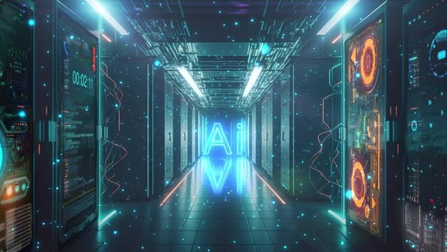 Featuring a long, modern server room hallway and a neon AI inscription in center, this video brings the concept of AI to life