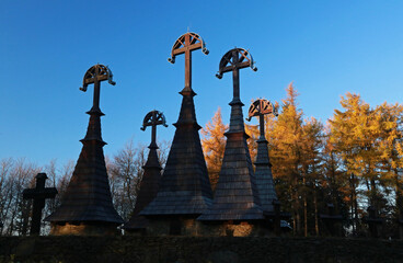  Old Cemetery with wooden towers from First World War at Rotunda peak, Low Beskids, Poland