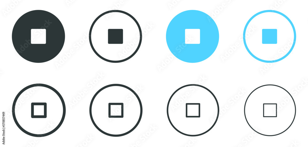 Poster stop video icon, pause icon sign, square inside circle icon button - Media player icons