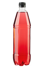 Energy drinks with different flavors isolated on white background. Plastic bottle with red liquid.