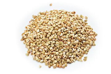 Pile of buckwheat isolated on white background. Top view. Buckwheat. Buckwheat grains. Grain culture. Stockpiling.