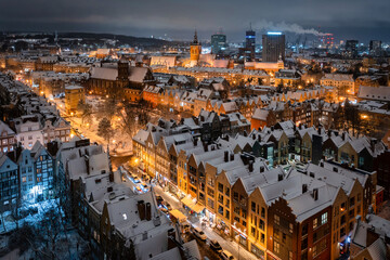Aerial view of the beautiful main city in Gdansk at snowy winter, Poland
