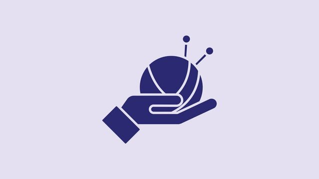 Blue Yarn ball with knitting needles icon isolated on purple background. Label for hand made, knitting or tailor shop. 4K Video motion graphic animation