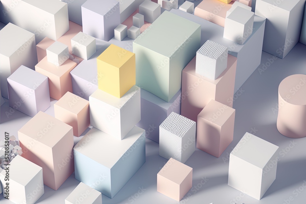 Poster variously sized white and pastel blocks have been meticulously arranged to form a cutting-edge tech 