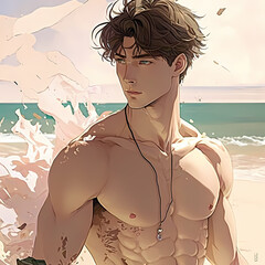 Ilustration of handsome man standing infront of beach shirtless created with AI