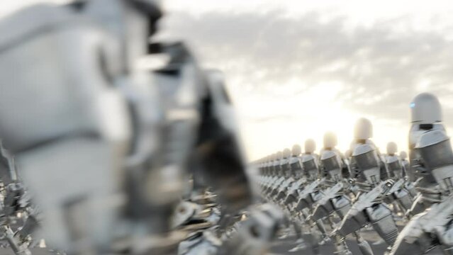 3d animation loop of army of cyborgs walking under sundown sky