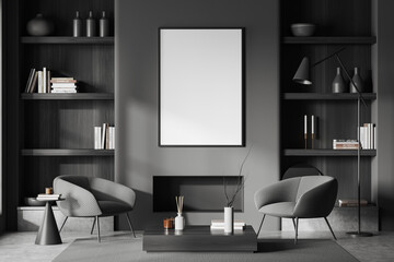 Grey chill interior with chairs and fireplace with decoration. Mockup frame
