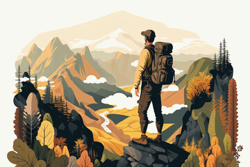 illustration Man Climbing Mountain, Backpack Standing on top of mountain. Tourist man looking on the mountain. Young and strong male character. Generative Ai