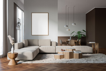 Stylish relax interior with couch and eating zone, window and mockup frame