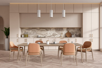 Front view on bright kitchen room interior with dining table