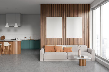 Naklejka na ściany i meble Modern kitchen interior with relax and cooking zone, window. Mockup frames