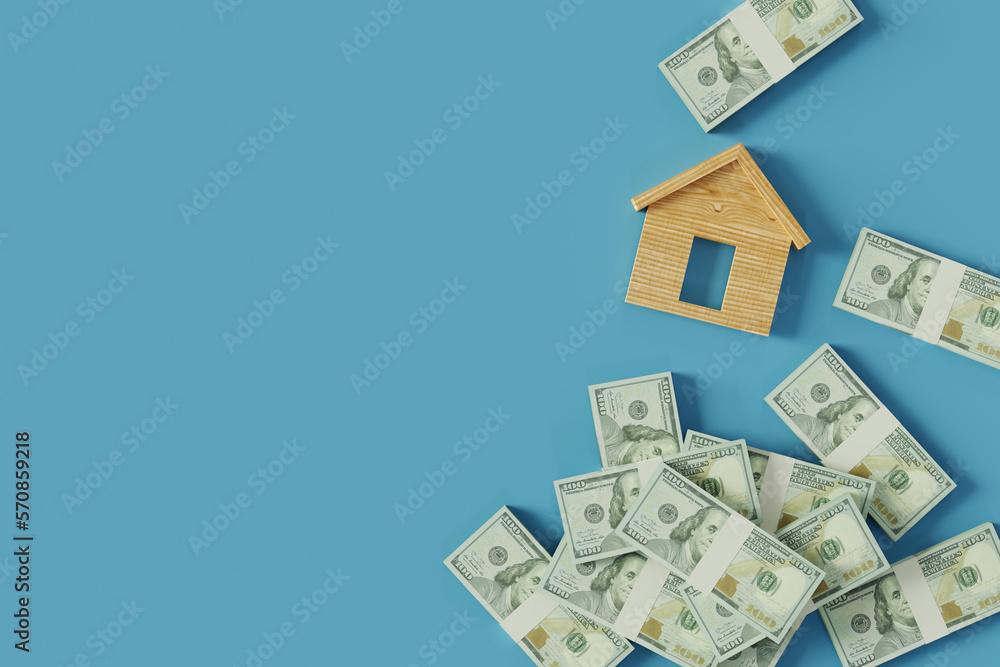 Poster a top view background with house model and dollars, 3d rendering
