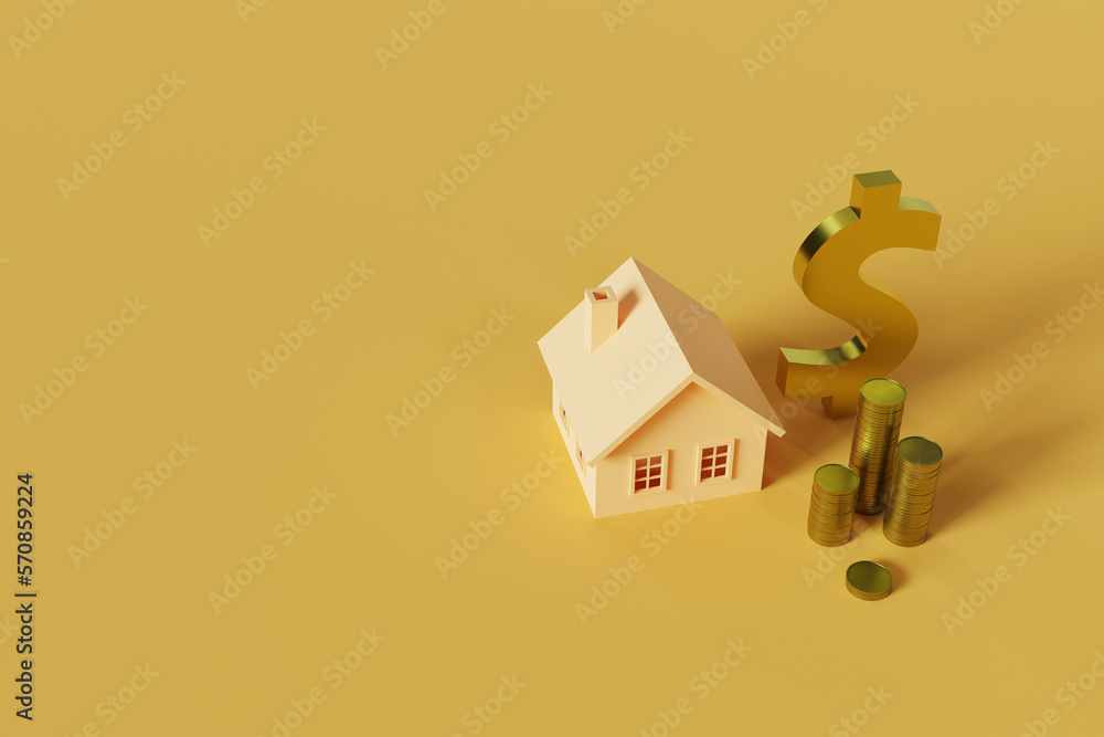 Poster a background with dollar sign, house model and coins,3d rendering