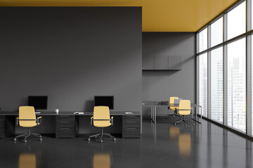 Grey office room interior with coworking area, panoramic window. Mockup wall