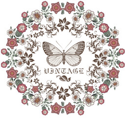 Butterflies Peacock moth insect fly Greeting invitation card wedding Beautiful frame label Set Flowers Poppy Poppies realistic Engraving drawing Freehand wreath. Vector victorian style Illustration