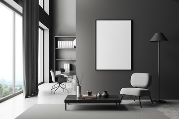 Front view on dark office interior with empty white poster