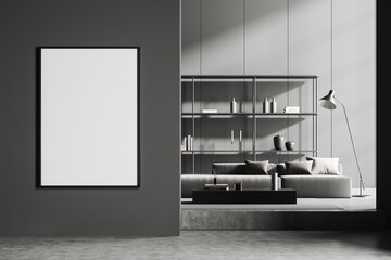 Grey chill room interior with couch and decoration. Mockup frame