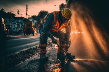 Construction worker surveying road damage, Generative AI