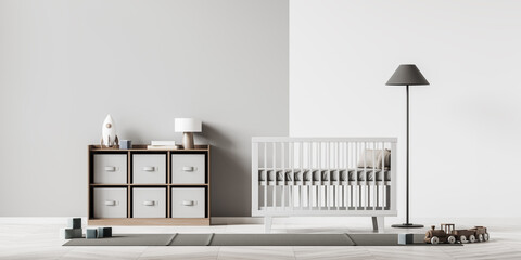 Front view on dark baby room with child bed, sideboard