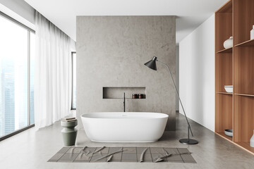 Naklejka na ściany i meble Front view on bright bathroom interior with panoramic window, bathtub