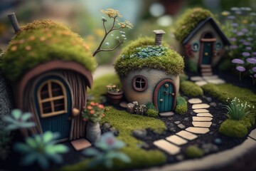Kleine verträumt niedliche Häuser in einer winzig lieblichen Landschaft, Generative KI - obrazy, fototapety, plakaty