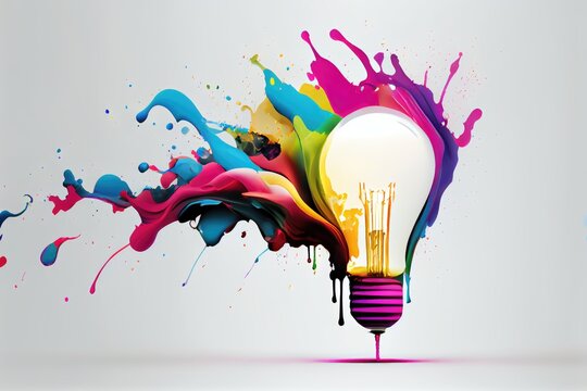 Design of light bulb with colors splashing on white background.generative Ai