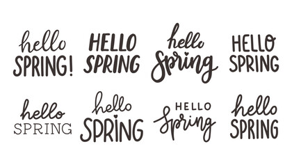 Hello spring vector lettering text greeting card special springtime typography hand drawn graphic illustration badge