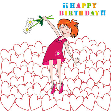 Felicitación de cumpleaños con niña y ramo de flores sobre corazones.